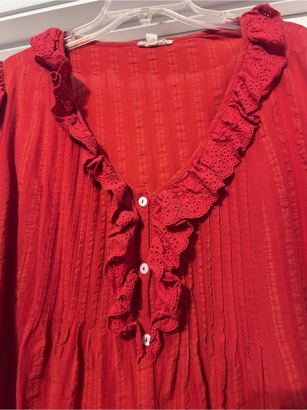 Red Ruffle-Front Women's Button-Up Top - Picture 4 of 5
